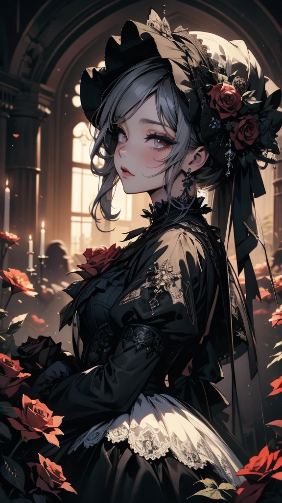 (masterpiece, High resolution, Highest quality), like々A beautiful woman, Gothic Lolita Fashion, Collage with black roses, Anime Style, Digital Painting,