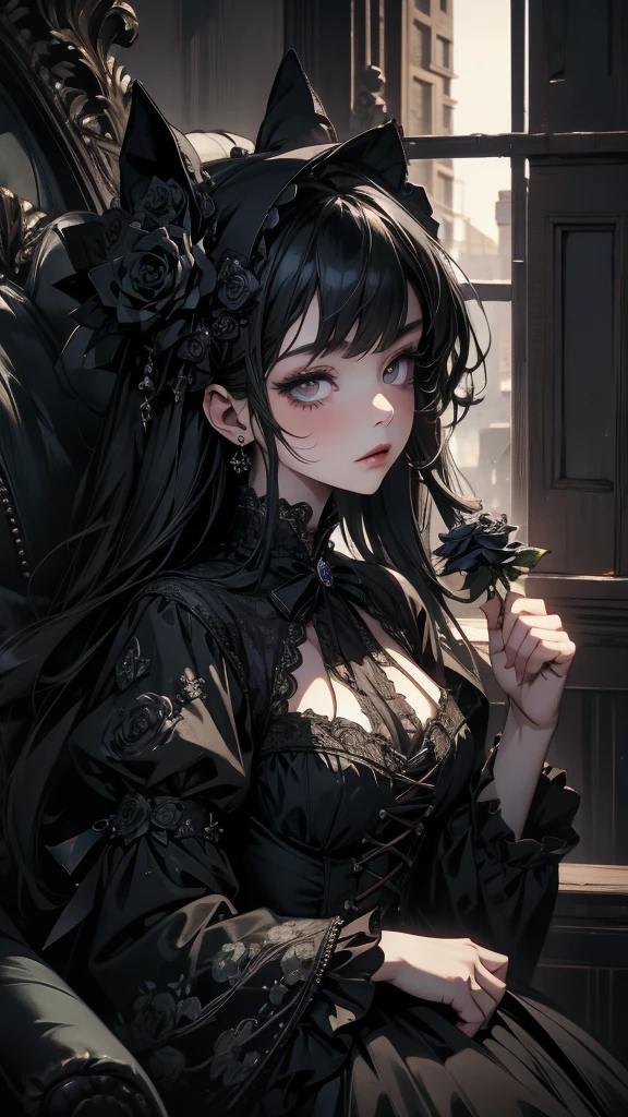 (masterpiece, High resolution, Highest quality), like々A beautiful woman, Gothic Lolita Fashion, Collage with black roses, Anime Style, Digital Painting,