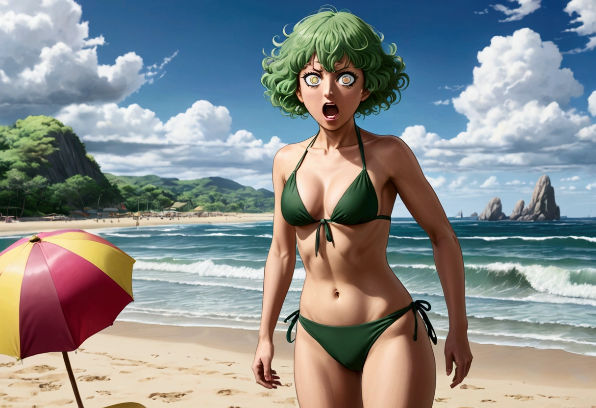 (One Punch Man Tatsumaki, hyper realistic, age 17, beautiful detailed eyes, beautiful detailed lips, extremely detailed face and features, long eyelashes, sexy 2 piece bikini, yelling, angry expression, dynamic pose) (Saitama, pasty complexion, no shirt, swim trunks, looking confused, standing on beach), beach, ocean waves, golden sunset lighting, highly detailed, cinematic, photorealistic, masterpiece, vibrant colors