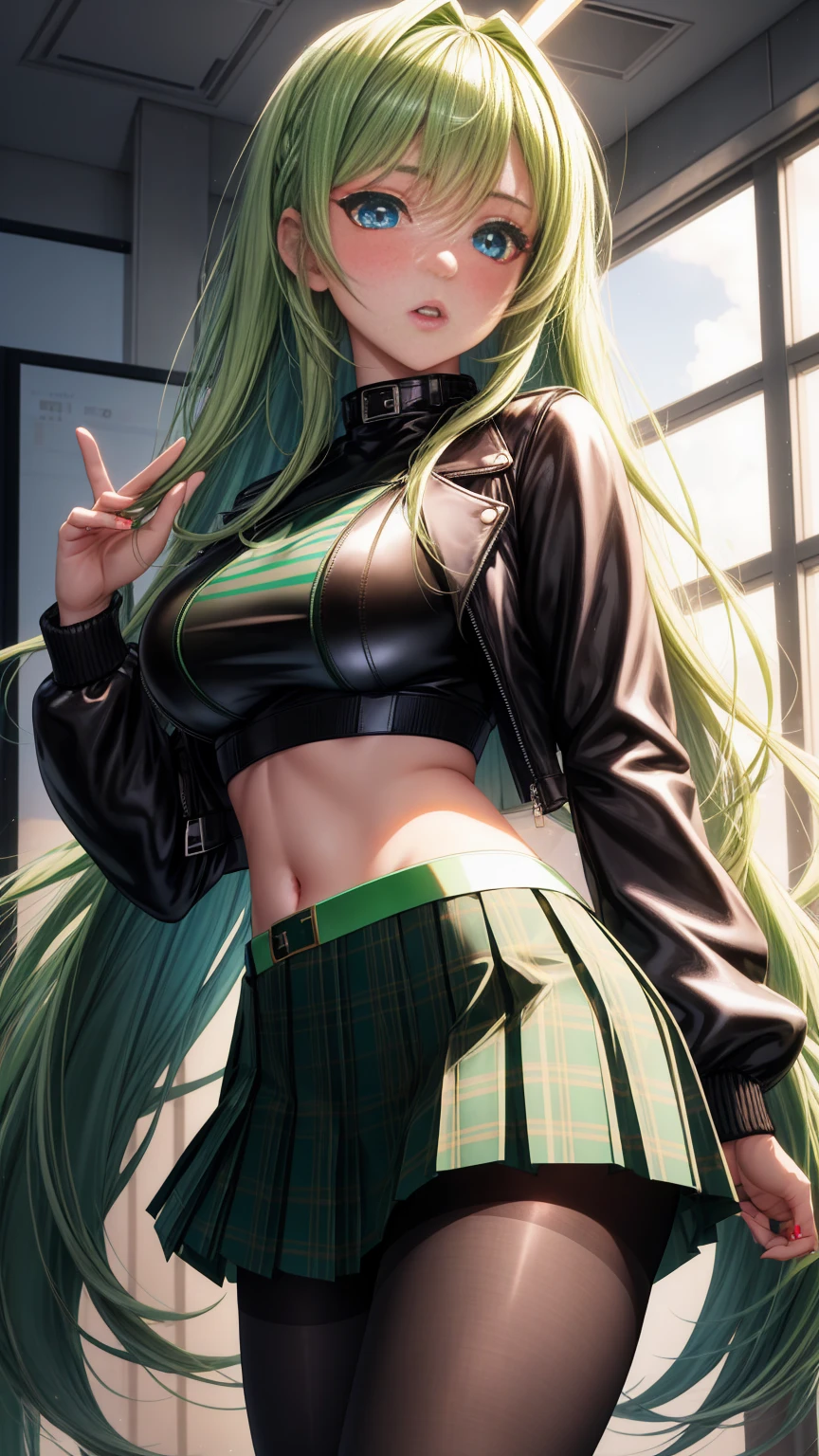 ultra-realistic, 1girl, long green hair, blue eyes, gyaru, glowing eyes, leather jacket, sweater crop top, classroom, pleated plaid skirt, parted lips, blush, pantyhose