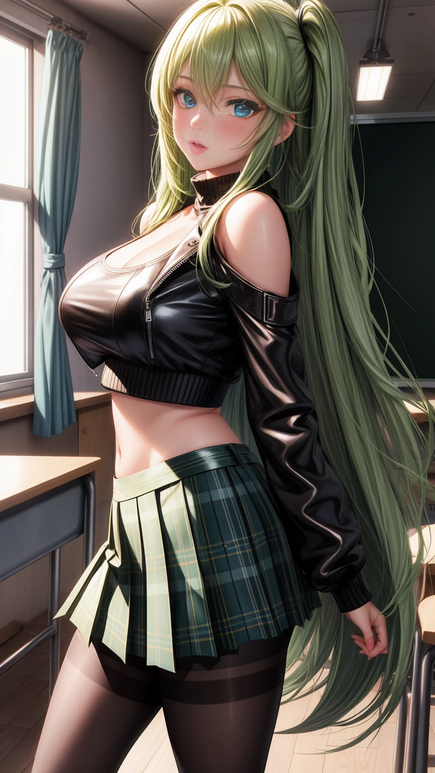 ultra-realistic, 1girl, long green hair, blue eyes, gyaru, glowing eyes, leather jacket, sweater crop top, classroom, pleated plaid skirt, parted lips, blush, pantyhose