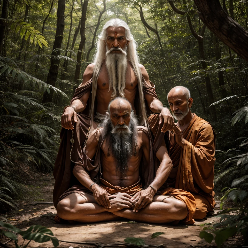 A 60 year old Sadhu is sitting in the middle of a forest, with five other man in 40 year old Sadhus standing with folded hands, whose hair is white, skin is fair, clothes are saffron. captured in an ultra-realistic full HD 4K portrait, detailed texture showing its menacing shape, Immersive atmosphere, high definition shadow play, digitalpainting, nevoa no environment.