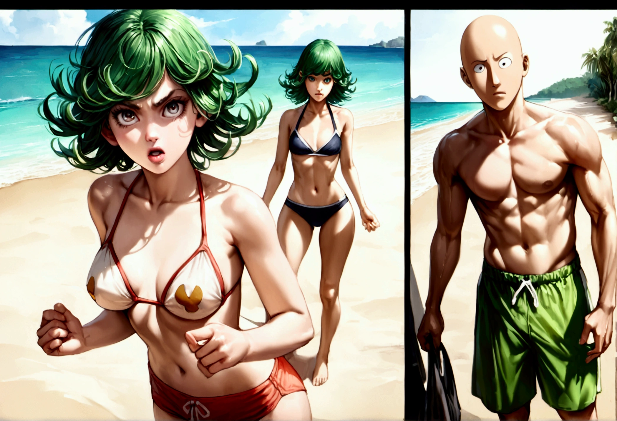 One Punch Man Tatsumaki (hyper realistic, , big eyes, sexy 2 piece bikini) yelling at Saitama (second subject: Saitama, pasty complexion, no shirt, swim trunks, looking confused), beach
