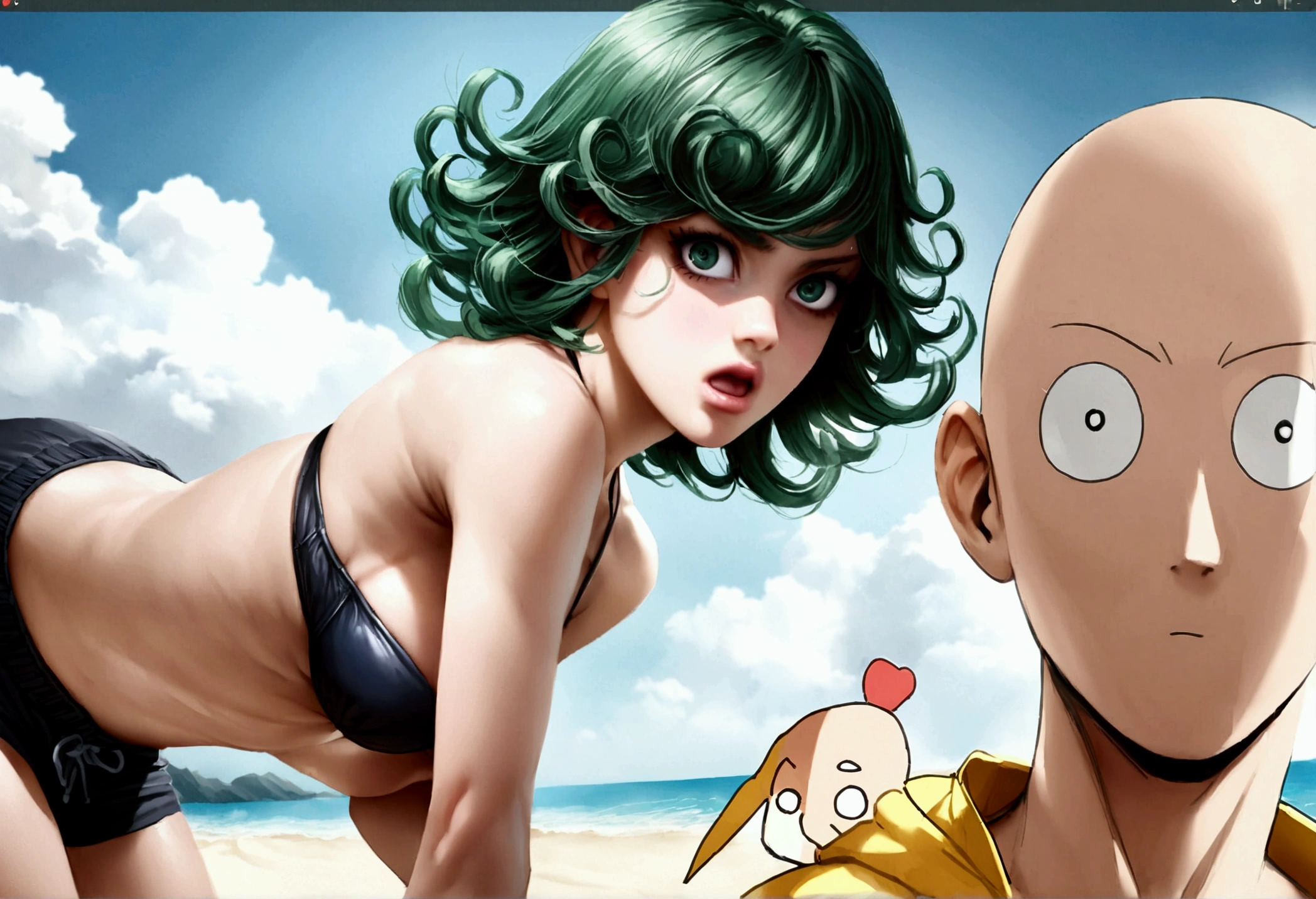One Punch Man Tatsumaki (hyper realistic, age 17, big eyes, sexy 2 piece bikini) yelling at Saitama (second subject: Saitama, pasty complexion, no shirt, swim trunks, looking confused), beach