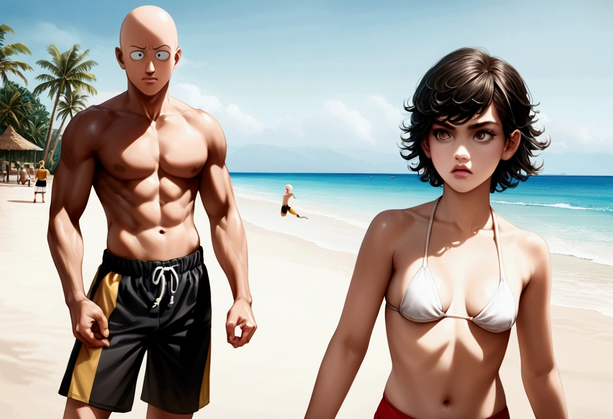 One Punch Man Tatsumaki (hyper realistic, age 17, big eyes, sexy 2 piece bikini) yelling at Saitama (second subject: Saitama, pasty complexion, no shirt, swim trunks, looking confused), beach
