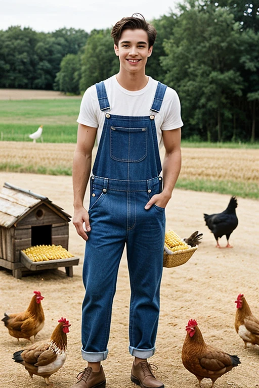 Young handsome cute beautiful face shirtless with short dungarees feeding corn to many chickens that are around him holding the corn in a basket and behind him a little house