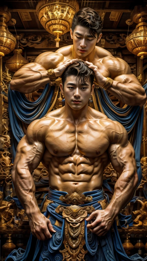 disconsolate,Ambient,artistic conception,large scene,The wind blew up the white curtains,Dattain lamps,Diffuse light,chest muscle,Shirtless, stubbles, Sideburns, musculature, Strong handsome korean guy,body builder,many hands, super detailed hands, multiple hands god holding the holly weapons, Hanfu,Golden blue、Jing Qing Moqing、Plain cherry blue,Junyi,Dignified atmosphere,Temperament,Short hair, Flat-headed beautiful man,The light is gentle,The scene comes to life
