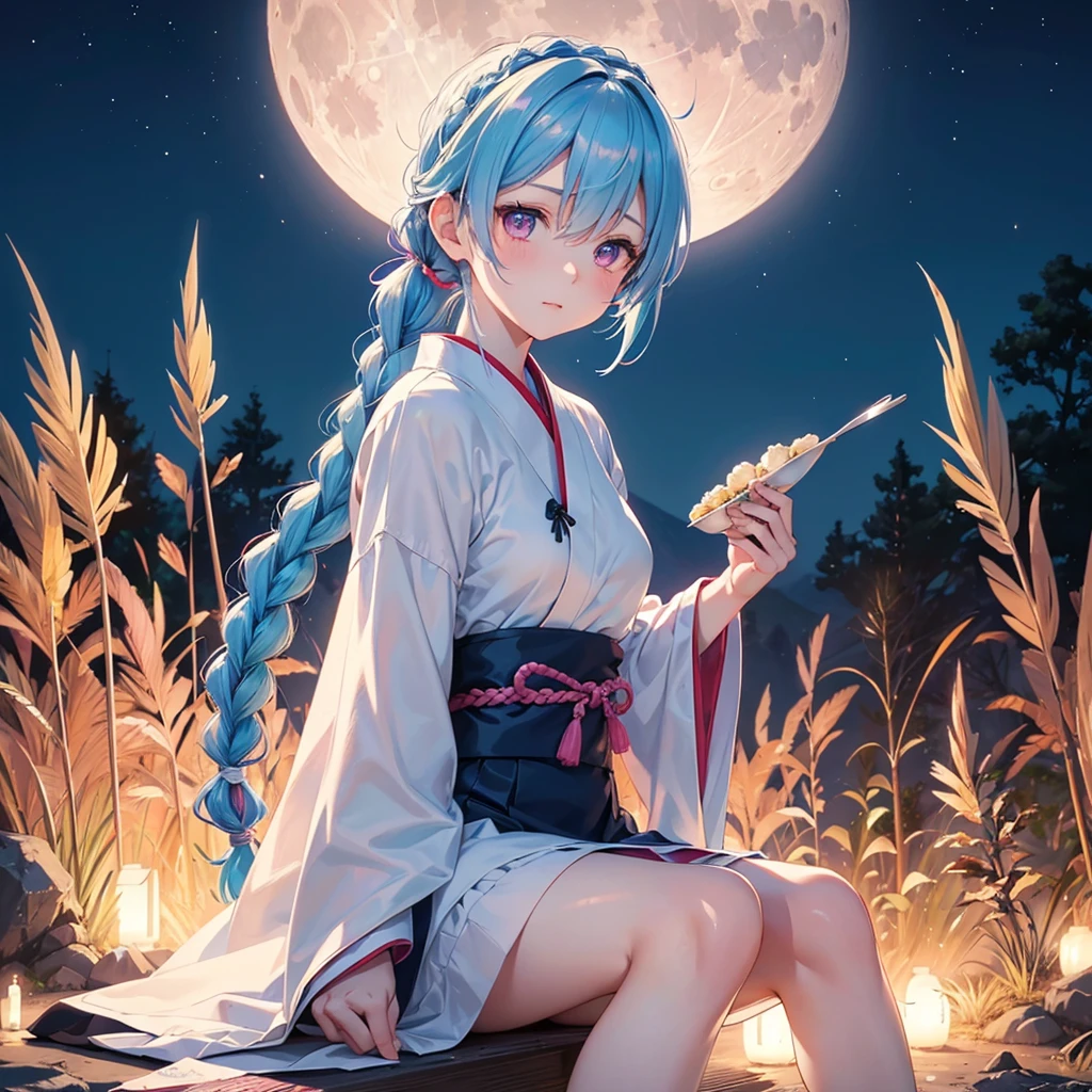 Sky blue hair, (Braided Ponytail:1.2), Pink eyes,Fair skin ,(whole body),(One Girl),Tsukimi,(White sweet dumplings ),White round dumplings,Japanese pampas grass,(beautiful, Full moon shining in the night sky),(masterpiece, Highest quality, Very detailed, Best Shadow), (Detailed Background), (Beautifully detailed face), High Contrast, (Best lighting, Very delicate and beautiful), ((Cinematic Light)), colorful, Hyper Detail,8k, Dramatic Light, Intricate details,Sit and eat dumplings while watching the moon,(Shadow of a rabbit on the moon),mysterious