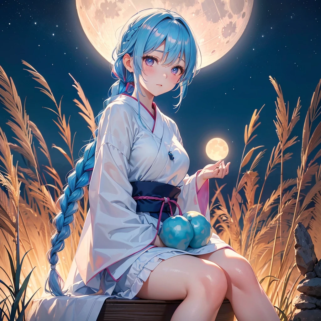 Sky blue hair, (Braided Ponytail:1.2), Pink eyes,Fair skin ,(whole body),(One Girl),Tsukimi,(White sweet dumplings ),White round dumplings,Japanese pampas grass,(beautiful, Full moon shining in the night sky),(masterpiece, Highest quality, Very detailed, Best Shadow), (Detailed Background), (Beautifully detailed face), High Contrast, (Best lighting, Very delicate and beautiful), ((Cinematic Light)), colorful, Hyper Detail,8k, Dramatic Light, Intricate details,Sit and eat dumplings while watching the moon,(Shadow of a rabbit on the moon),mysterious