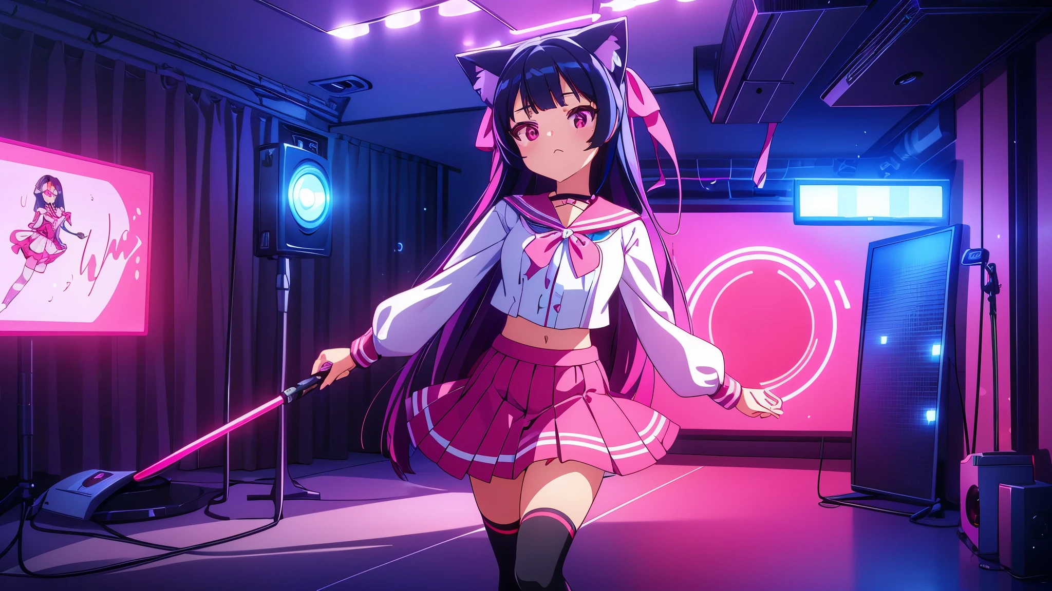beautiful girl incredible quality perfect anatomy nekomimi 4k vtuber with red eyes multiple color blue and black hair with pink ribbon Short pleated skirt sailor style blouse long sleeve white long stockings pink tennis shoes with black vtuber youtuber in recording studio room PC gamer in the background and cyberpunk LED lights 