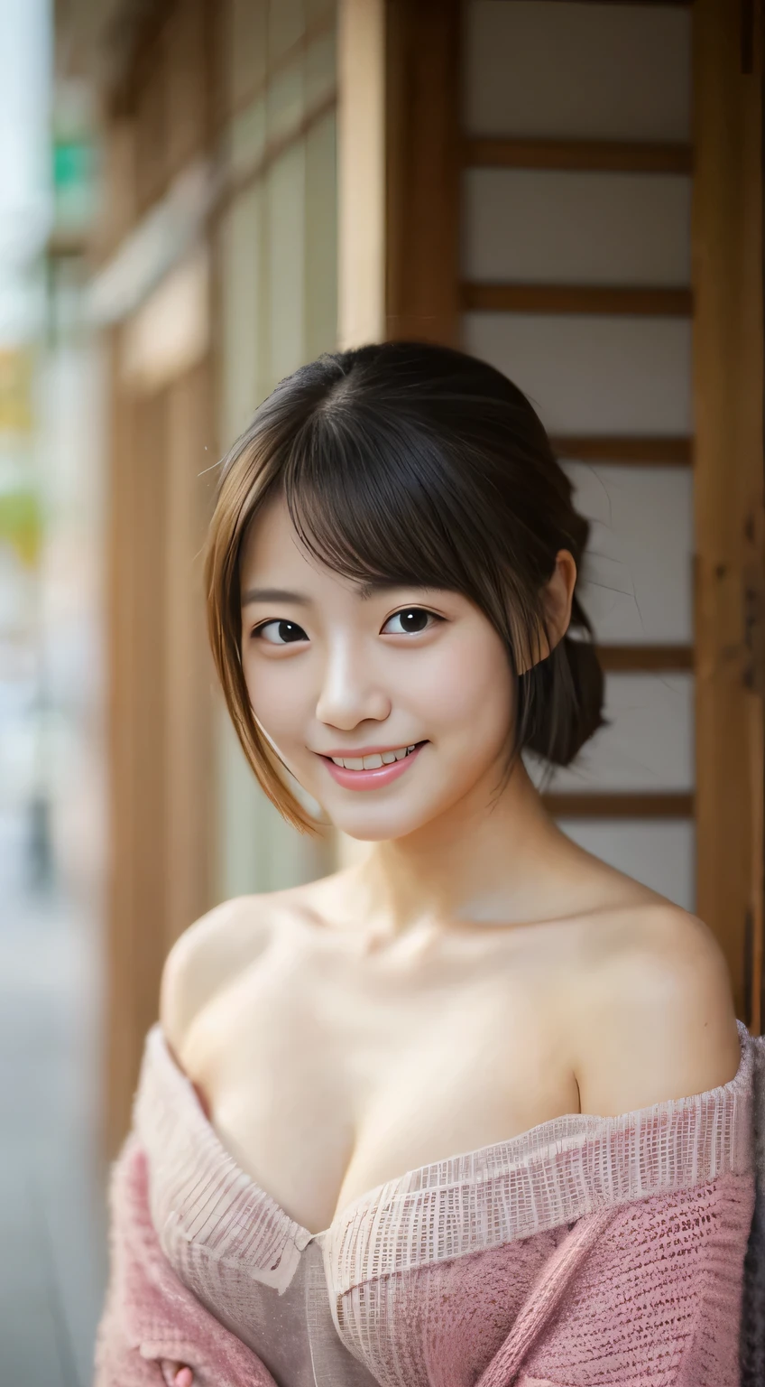 masterpiece,best quality,(Japanese girl),((Beautiful girl)),cleavage,(off shoulder:1.2),(perfect body beauty:1.2),(shy smile),From slightly above,