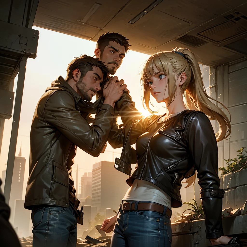 A 30-year-old man, tall and athletic, with short dark brown hair and gray eyes, wears a worn dark leather jacket, a gray shirt, and tactical pants. He stands protectively with an arm around a **************** of slender build, with long blonde hair tied in a ponytail and large blue eyes, wearing a simple outfit of a light jacket and worn jeans. The man looks protective and determined, while the girl leans into him, showing trust and gratitude. Set in a post-apocalyptic environment with ruined buildings and small plants growing among the debris. The sky is cloudy, with sun rays breaking through, softly illuminating the scene. The atmosphere conveys protection and care, with a backpack on the ground suggesting their shared struggle. Realistic art style, with warm, earthy colors emphasizing the emotional connection. Soft, warm lighting highlights the intimate moment, with shadows adding depth to the bond between them.