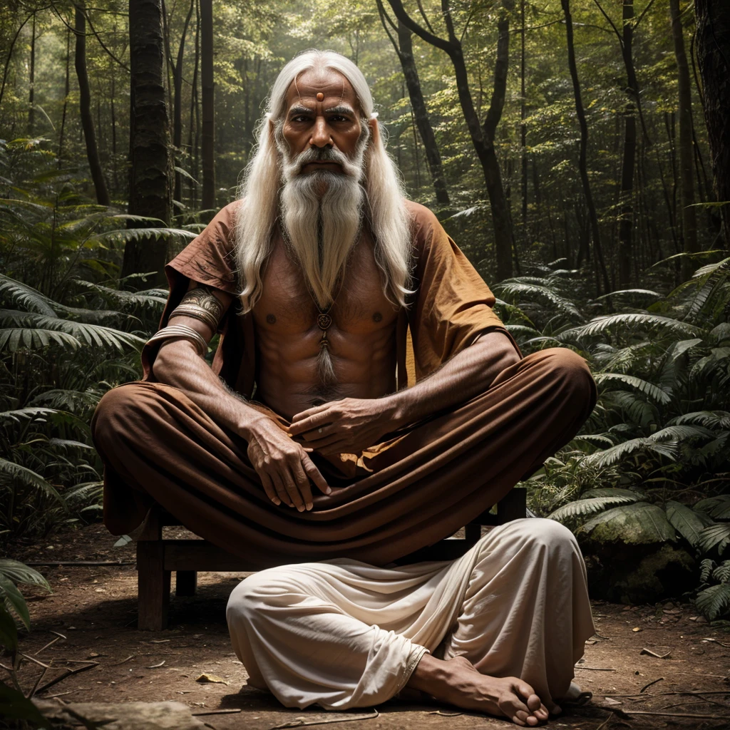 A 60 year old Sadhu is sitting in the middle of a forest, with five other man in 40 year old Sadhus standing with folded hands, whose hair is white, skin is fair, clothes are saffron.  captured in an ultra-realistic full HD 4K portrait, detailed texture showing its menacing shape, Immersive atmosphere, high definition shadow play, digitalpainting, nevoa no environment.