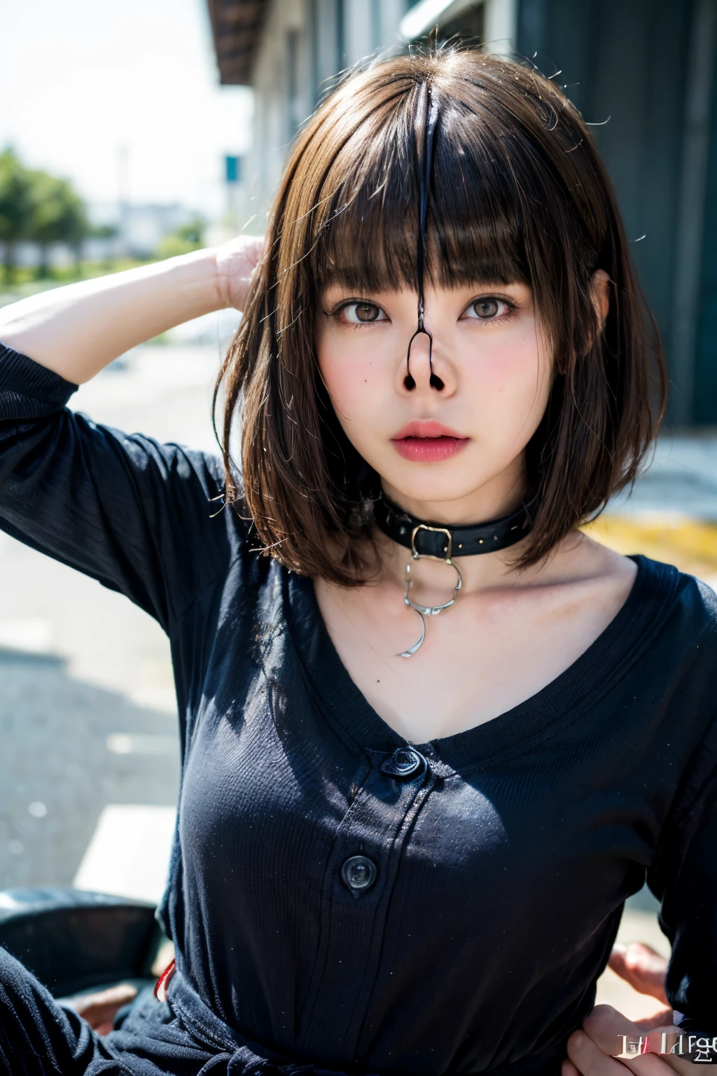 (realistic, photo-realistic :1.4), (Highest quality, masterpiece:1.2), RAW photo, high resolution, intricate details, extremely detailed, realistic and sharp details, cinematic lighting, (full body, frontal photography:1.2 ), solo, a Japanese woman, cute woman, dark hair, (bowl cut hair, blunt bangs:1.3), detailed face, detailed eyes, beautiful pupils, sophisticated nose, pale skin, fine-textured skin, (nose hook, strap:1.2), (iron collar, o-ring), collarbone, (blouse, pants, sandals), (armpits, hands behind head), photo background, outdoors, alley,