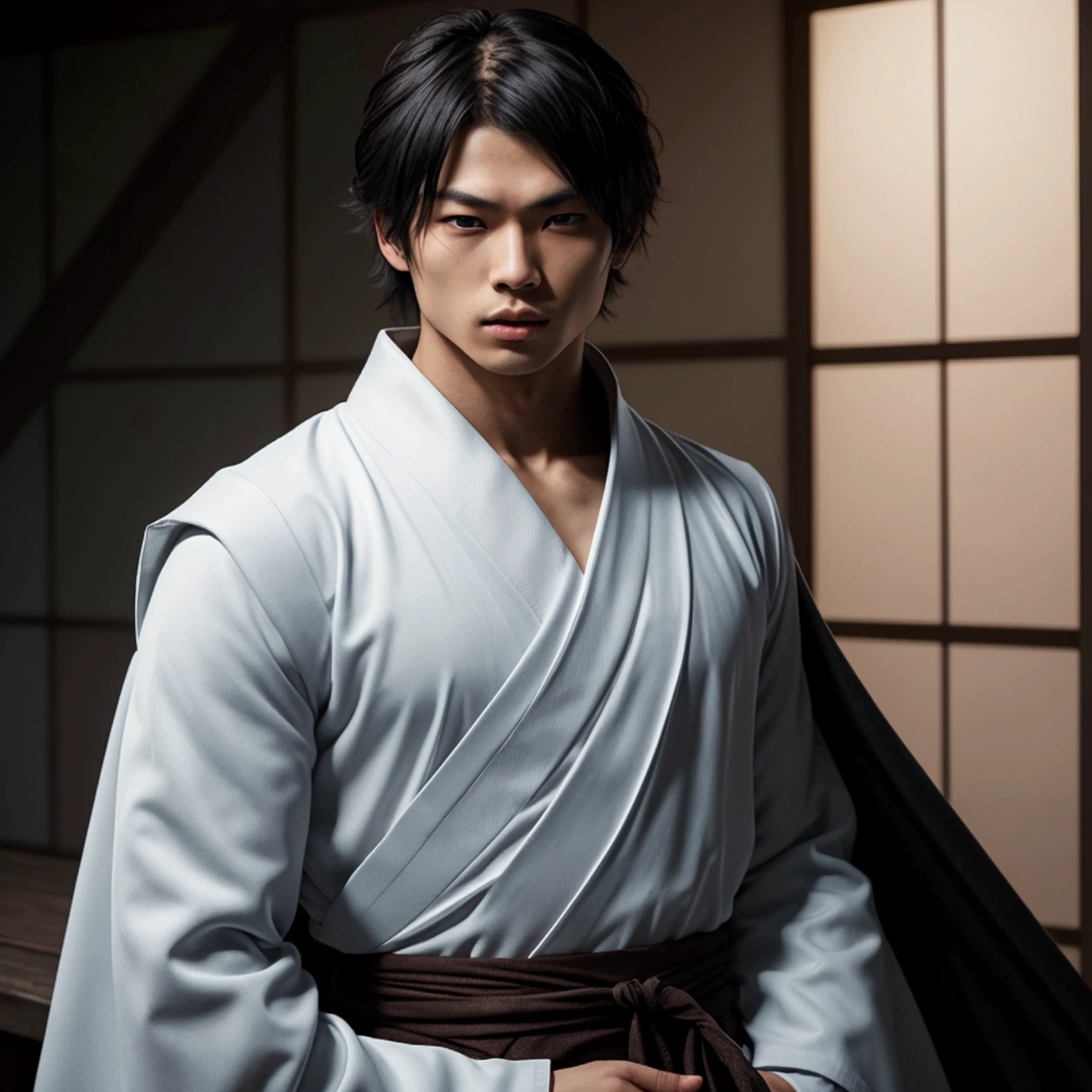 an eighteen year old Japanese man with a razualvemte full physique, have fair skin, I want you to have blue eyes and your hair covers your left eye with bangs, one eye covered by bangs, has a serious expression, and wears a white kimono, has a black cape on its back and has a strong look.. captured in an ultra-realistic full HD 4K portrait, detailed texture showing its menacing shape, Immersive atmosphere, high definition shadow play, digitalpainting, nevoa no environment.