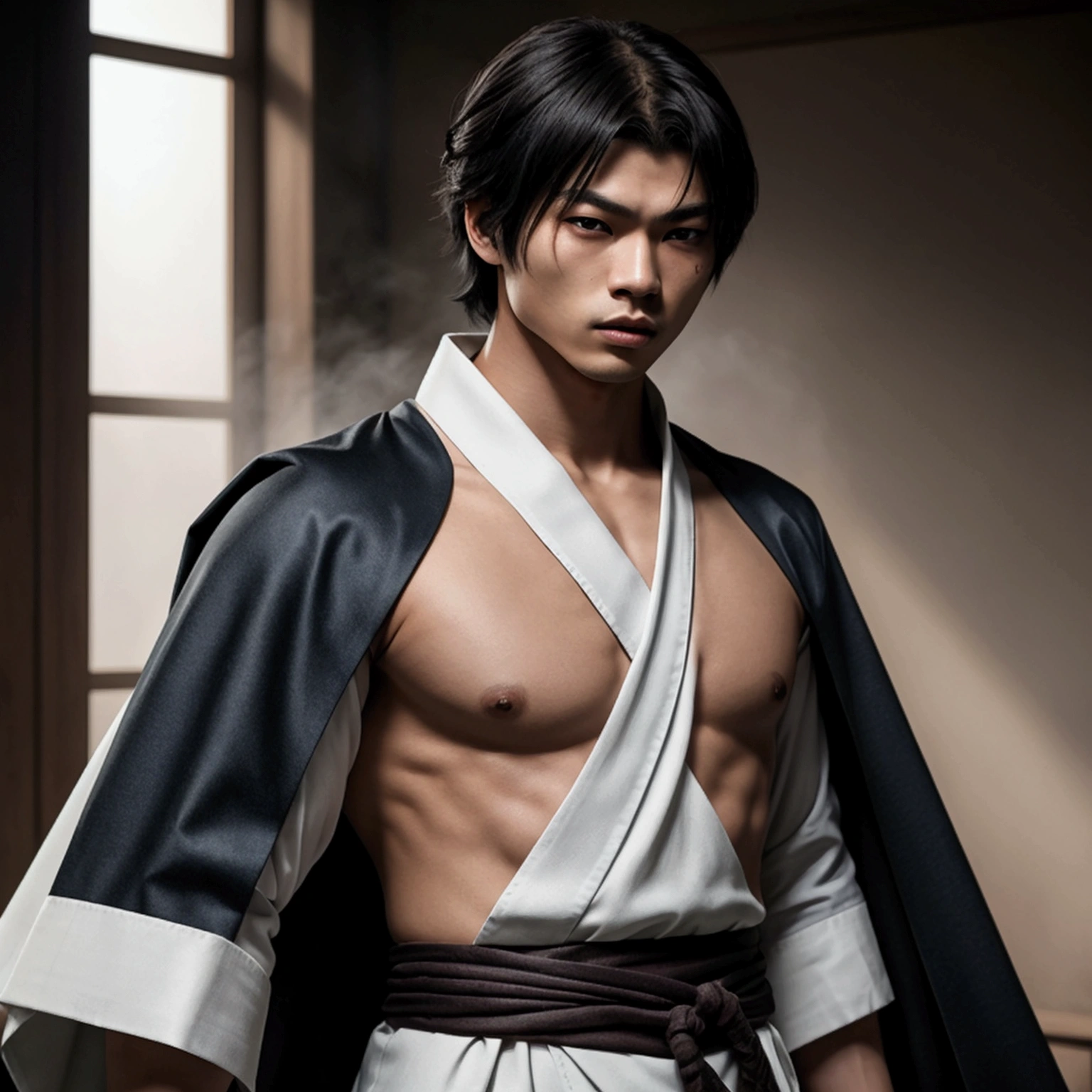 an eighteen year old Japanese man with a razualvemte full physique, have fair skin, I want you to have blue eyes and your hair covers your left eye with bangs, one eye covered by bangs, has a serious expression, and wears a white kimono, has a black cape on its back and has a strong look.. captured in an ultra-realistic full HD 4K portrait, detailed texture showing its menacing shape, Immersive atmosphere, high definition shadow play, digitalpainting, nevoa no environment.