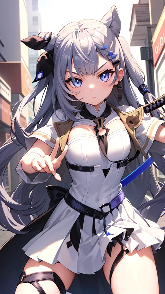 (Vestia zeta, vtuber, virtual youtuber, solo, alone,holding a katana sword, serious gaze, stance ready to attack  , cool style