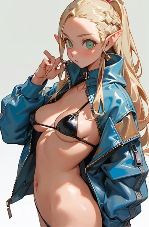(masterpiece, best quality) detailed, silver accessories , zipper unzipped , blonde ,elegant, pointed ears ,bikini