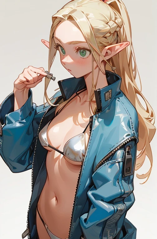 (masterpiece, best quality) detailed, silver accessories , zipper unzipped , blonde ,elegant, pointed ears ,bikini
