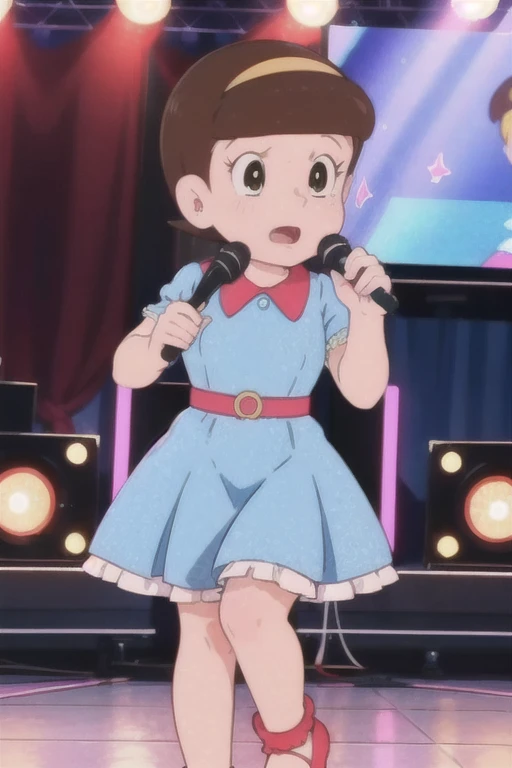 a beautiful idol girl hoshinosumire singing on stage, 1980s retro art style, 1990s style, detailed facial features, long eyelashes, detailed dress, cute expression, audience watching, best quality, 4k, 8k, highres, masterpiece, ultra-detailed, realistic, photorealistic, vivid colors, studio lighting, sharp focus, physically-based rendering, Full body image, Singing without a microphone, 5 heads, A little bigger breasts.