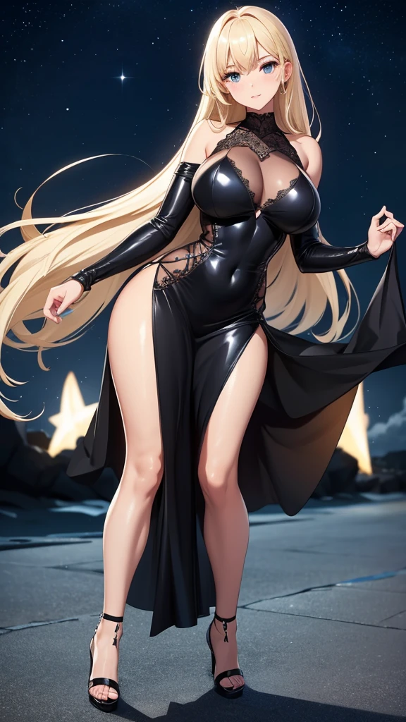 Black slit skirt dress、 Big Tits、 glamorous、
Beautiful, clear skin、
Sexy lace、Light blue bodysuit 、Beautiful shiny straight blonde hair Starry night view、 The beach illuminated by clear moonlight、 High heels、