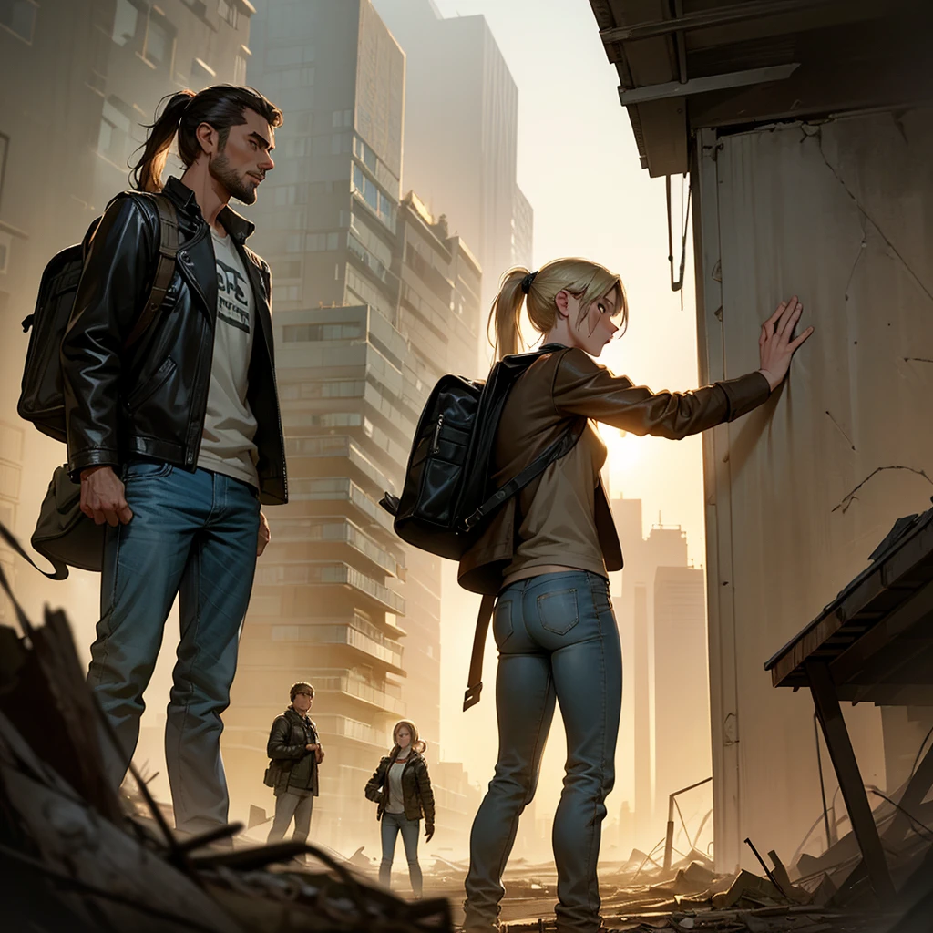 A 30-year-old man, tall and athletic, with short dark brown hair and gray eyes, wears a worn dark leather jacket, a gray shirt, and tactical pants. He stands protectively with an arm around a **************** of slender build, with long blonde hair tied in a ponytail and large blue eyes, wearing a simple outfit of a light jacket and worn jeans. The man looks protective and determined, while the girl leans into him, showing trust and gratitude. Set in a post-apocalyptic environment with ruined buildings and small plants growing among the debris. The sky is cloudy, with sun rays breaking through, softly illuminating the scene. The atmosphere conveys protection and care, with a backpack on the ground suggesting their shared struggle. Realistic art style, with warm, earthy colors emphasizing the emotional connection. Soft, warm lighting highlights the intimate moment, with shadows adding depth to the bond between them.