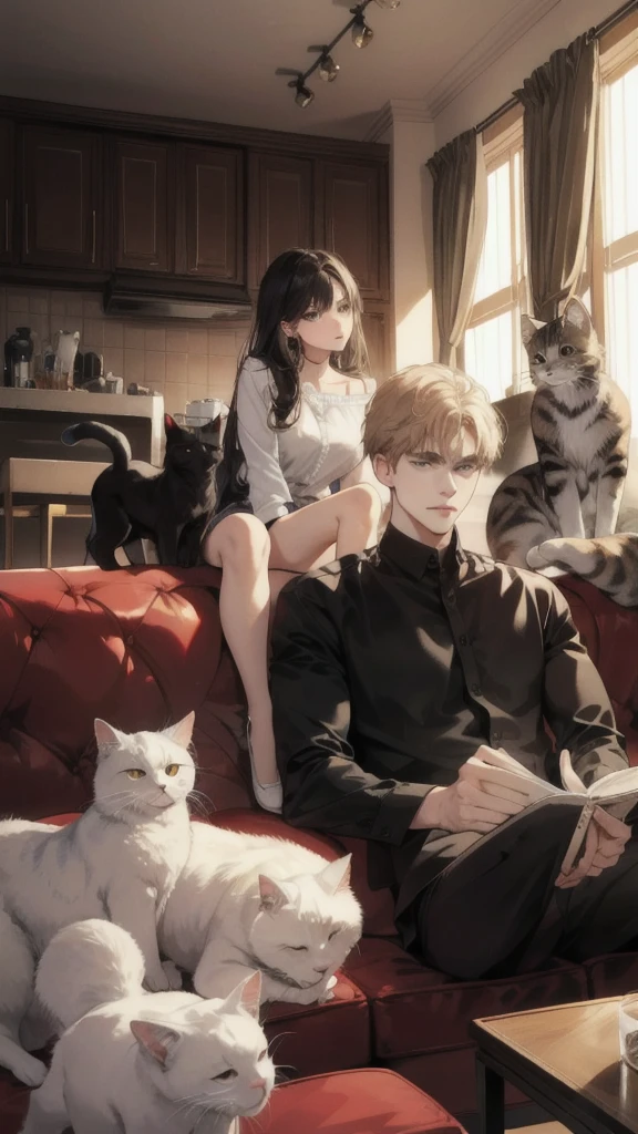 Young caucasian guy and young caucasian girl sitting on a sofa in an apartment watching TV with several cats.
