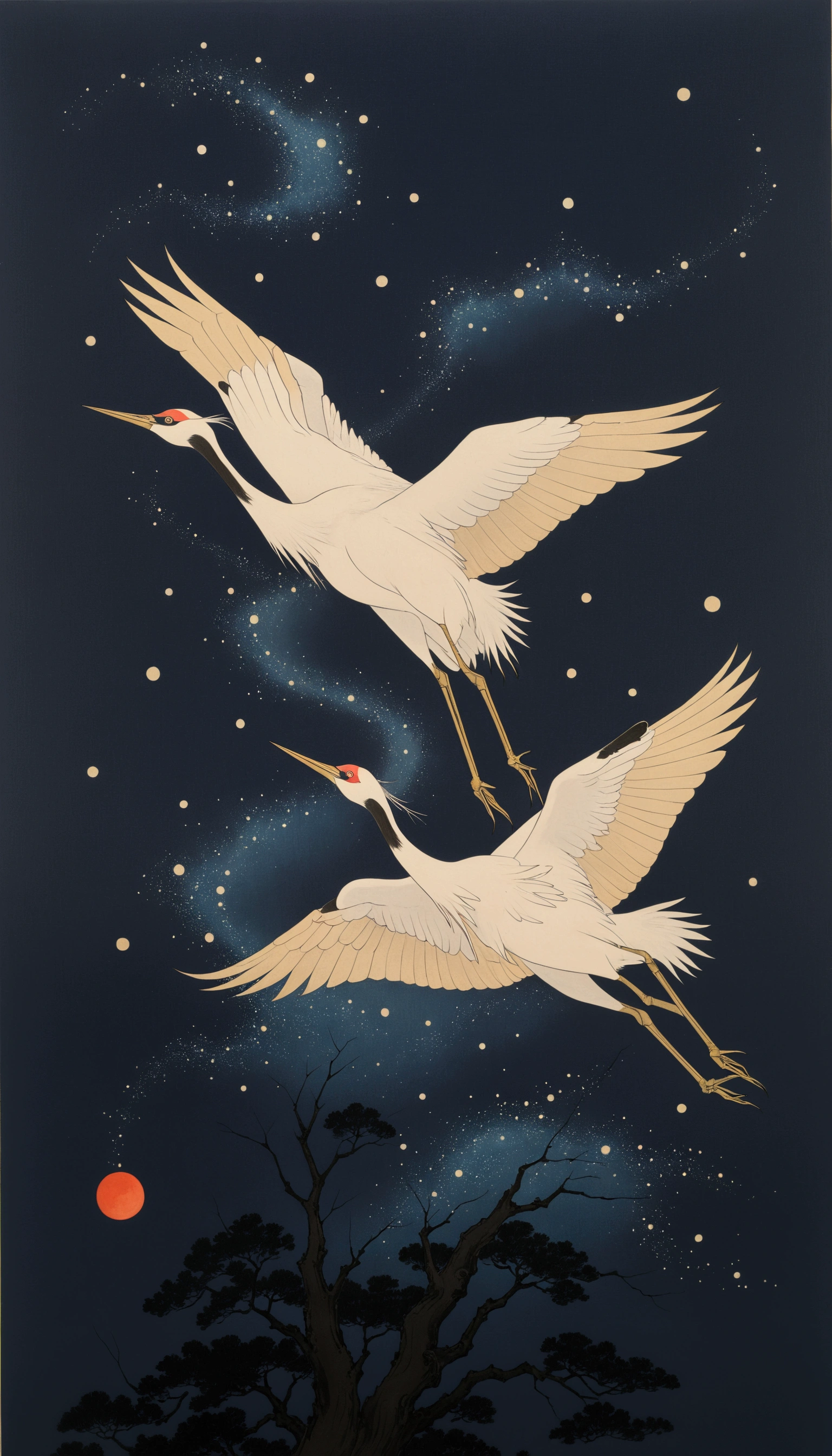 two cranes flying in the sky with a star in the background, inspired by Ohara Koson, by Hanabusa Itchō, inspired by Koson Ohara, cranes, By Saito Kiyoshi, by Hanabusa Itchō II, By Sakai Hoitsu, By Ikuo Hirayama