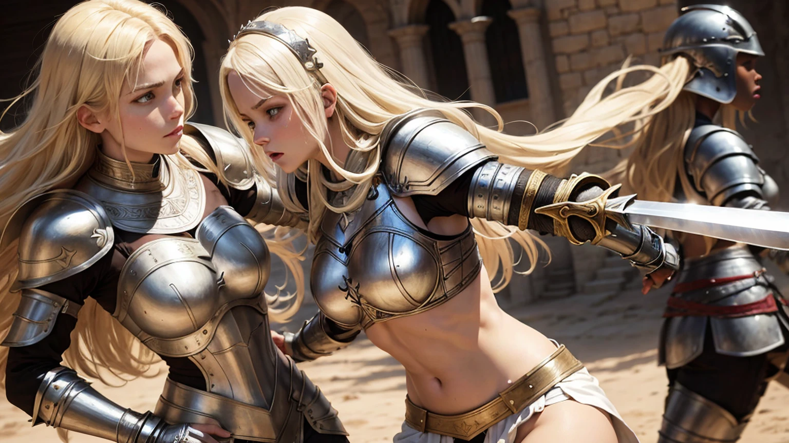 Blond girls white  Womans. In armor  Womans in african . Sword Fight Womans african 