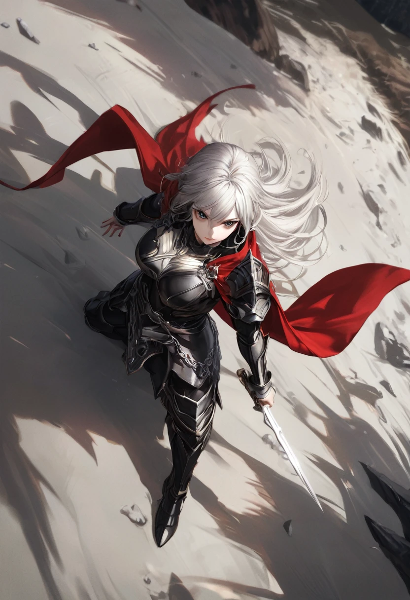 punctuation_9, punctuation_8_High above, punctuation_7_High above, textura de pele realista, detailed image of the anime, HD32k, hight contrast, textura de pele realista, dark eye makeup, beautiful female warrior, long  white hair, medium breasts, aretes, dark and black fantasy armor with red cape, holding a sword in his left hand and a sword in his right hand, on a deserted battlefield, bodies on the ground, facefocus