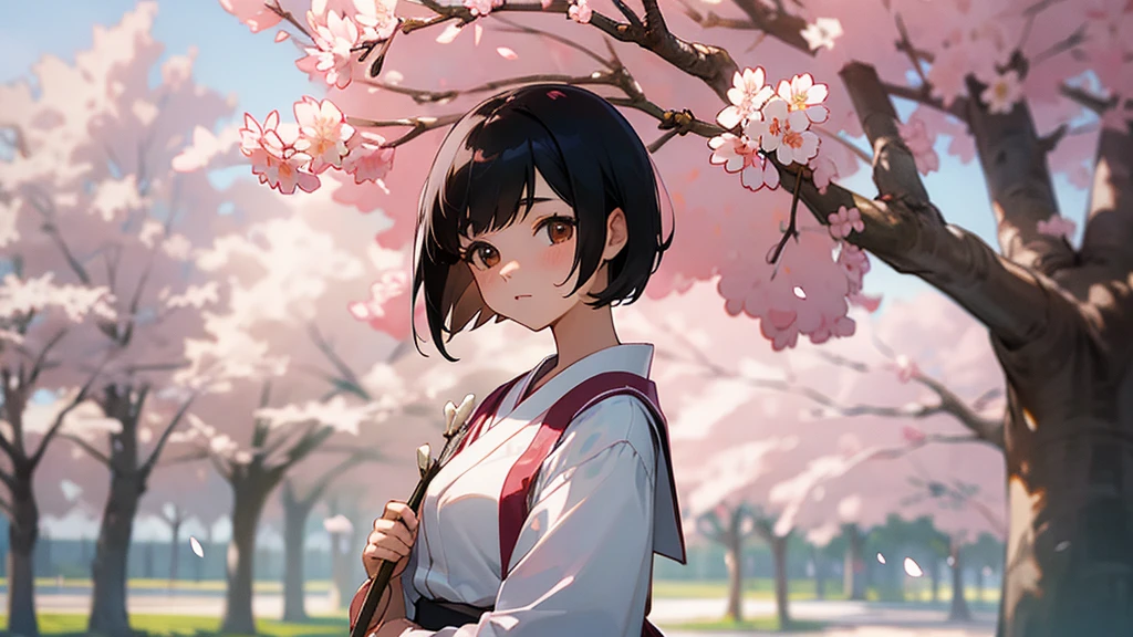 a white girl with short black hair, brown eyes, and in a japanese school uniform in front of a cherry blossom tree.