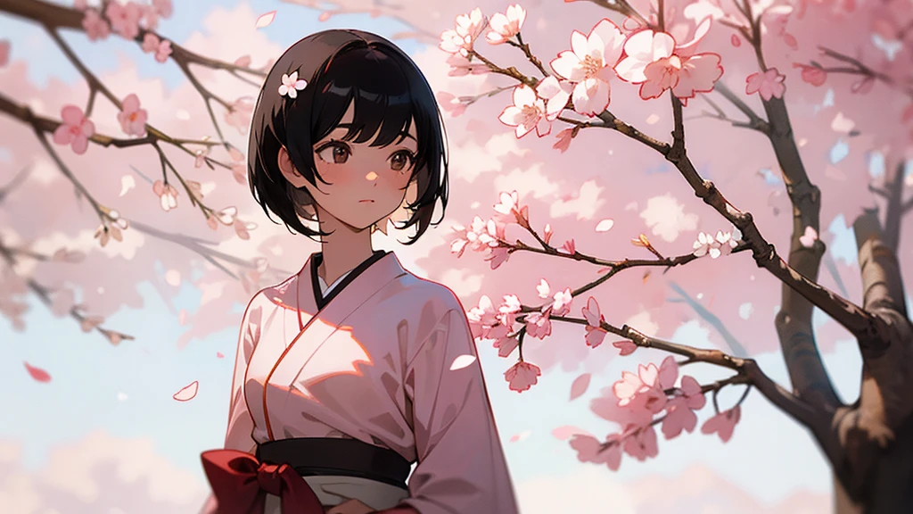a white girl with short black hair, brown eyes, and in a japanese school uniform in front of a cherry blossom tree.