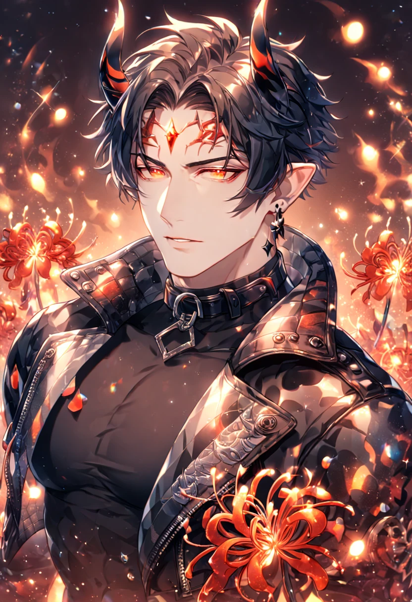 absurdres, highres, ultra detailed, HDR) master piece, best quality, Flamebringer, black hair, expressive orange eyes, Arknights, solo, sexy man, handsome, sensual, black tight turtleneck shirt, cropped leather jacket with orange patterns, black collar, black earrings, horns on the forehead, magical, fantasy, red butterflies, glittering, sparkling, red spider lilies, petals, radiant, flames, crystal glass style, manly man