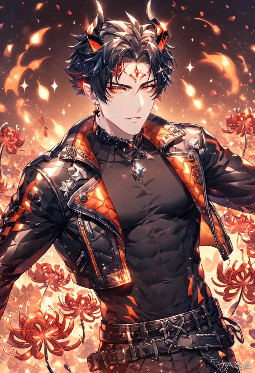 absurdres, highres, ultra detailed, HDR) master piece, best quality, Flamebringer, black hair, expressive orange eyes, Arknights, solo, sexy man, handsome, sensual, black tight turtleneck shirt, cropped leather jacket with orange patterns, black collar, black earrings, horns on the forehead, magical, fantasy, red butterflies, glittering, sparkling, red spider lilies, petals, radiant, flames, crystal glass style, manly man