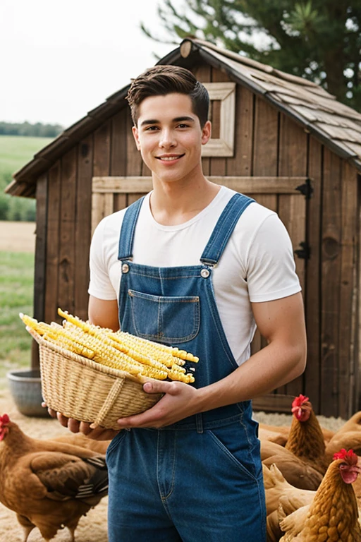 Young handsome man with a beautiful face without a shirt with short overalls feeding corn to many chickens that are around him holding the corn in a basket and behind him a little house without a shirt