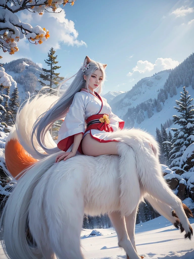 (best quality, ultra high res, beautiful woman, riding nine-tailed fox, white snowy background, kimono, long flowing hair, detailed fur texture)