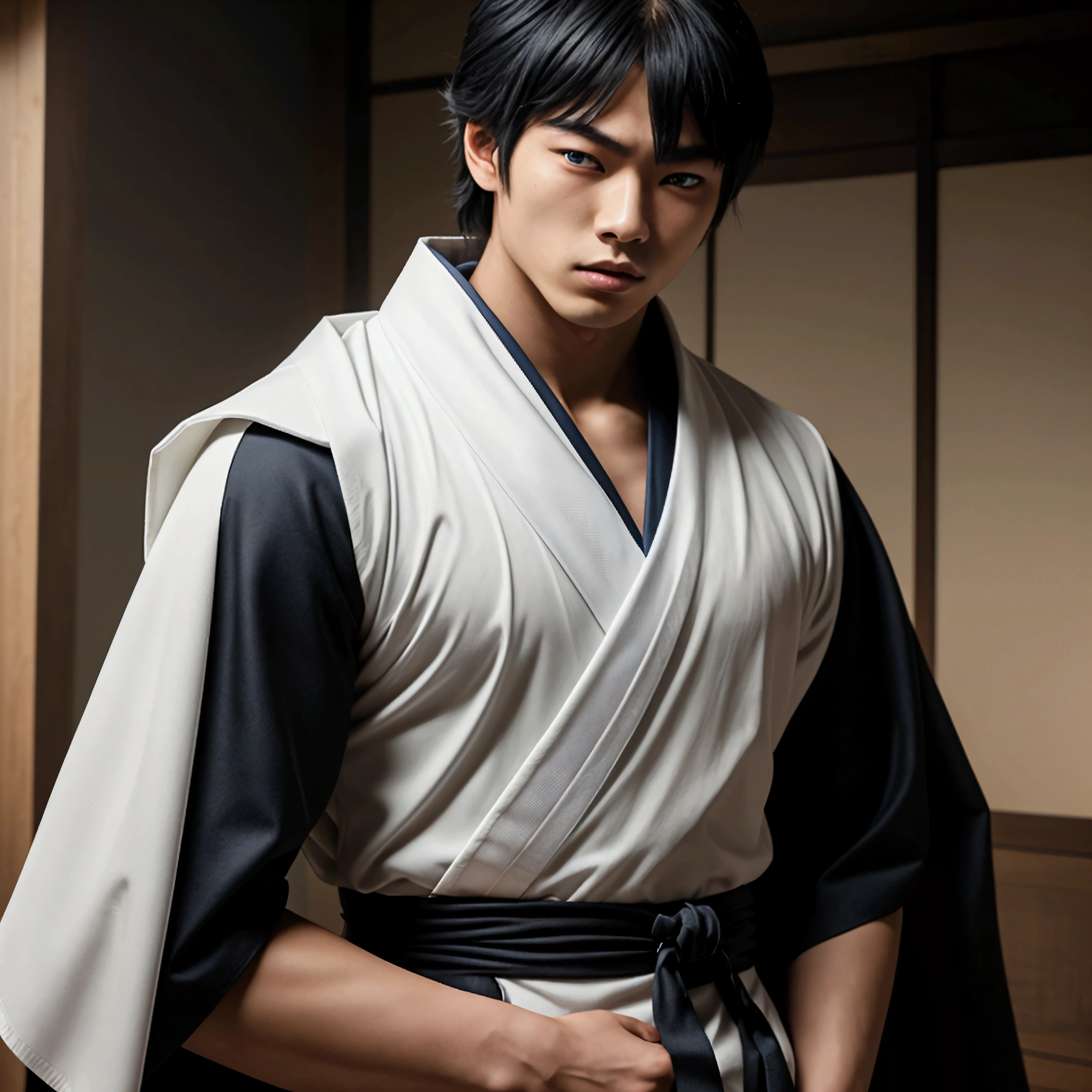 an year old Japanese man with a razualvemte full physique, have fair skin, I want you to have blue eyes and your hair covers your left eye with bangs, one eye covered by bangs, has a serious expression, and wears a white kimono, has a black cape on its back and has a strong look.. captured in an ultra-realistic full HD 4K portrait, detailed texture showing its menacing shape, Immersive atmosphere, high definition shadow play, digitalpainting, nevoa no environment.