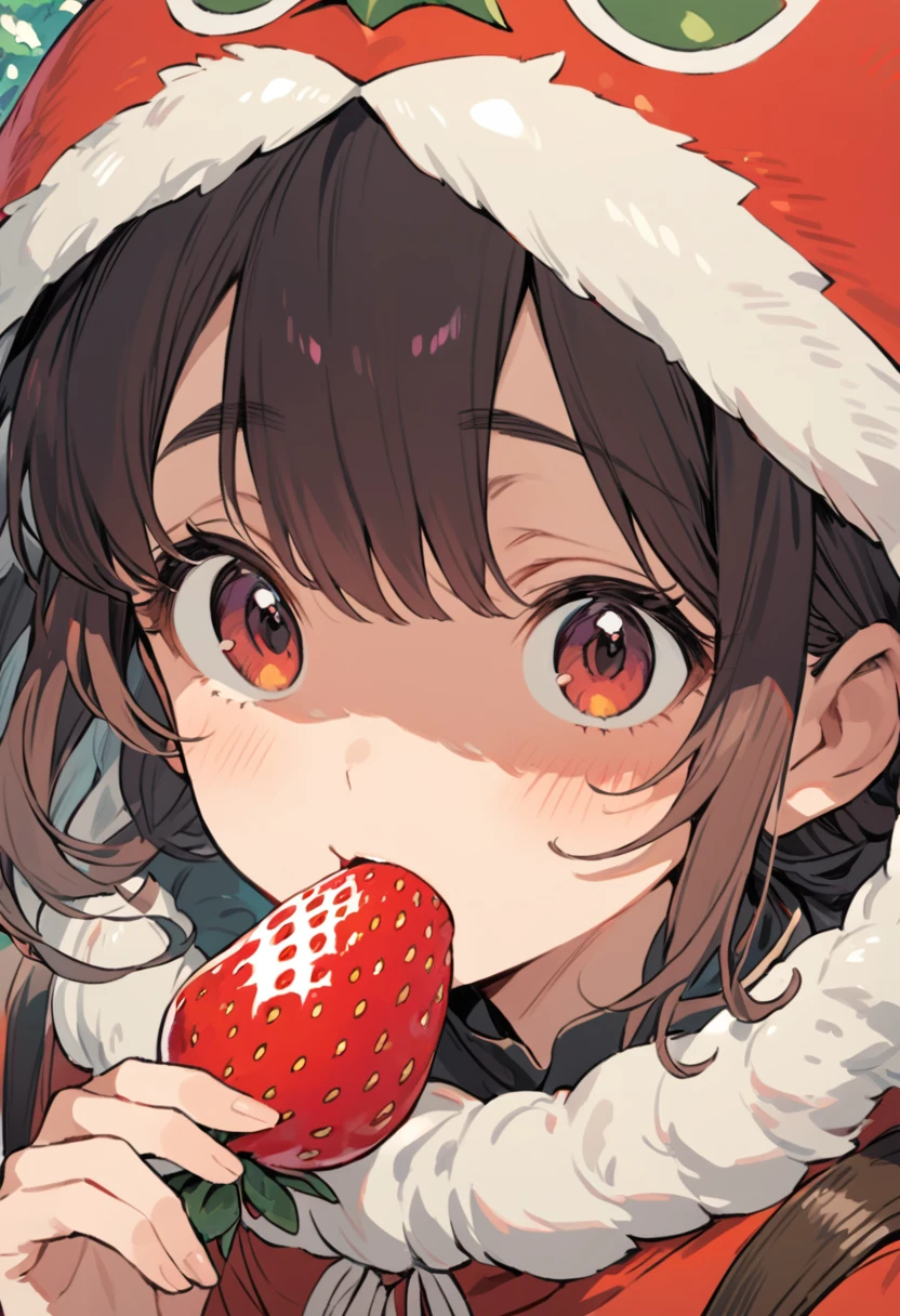 Ghibli, A girl eating a large strawberry with her mouth wide open and staring at it, Face close-up