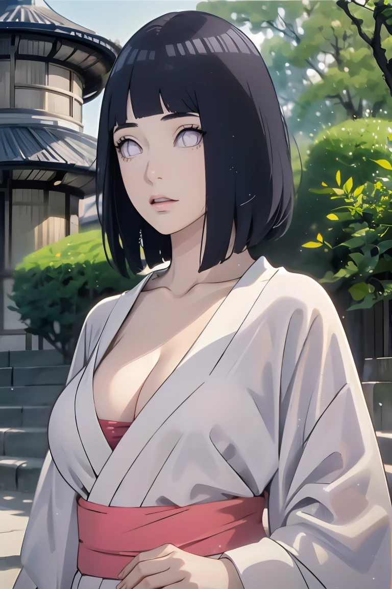 a beautiful hyuuga hinata, intricate detailed face, large expressive eyes, long eyelashes, delicate nose, plump lips, porcelain skin, long dark blue hair, intricate hair ornaments, elegant kimono, serene expression, standing in a lush garden, cherry blossom trees, koi pond, pagoda in background, warm lighting, cinematic composition, vibrant colors, digital art, photorealistic, 8k, masterpiece