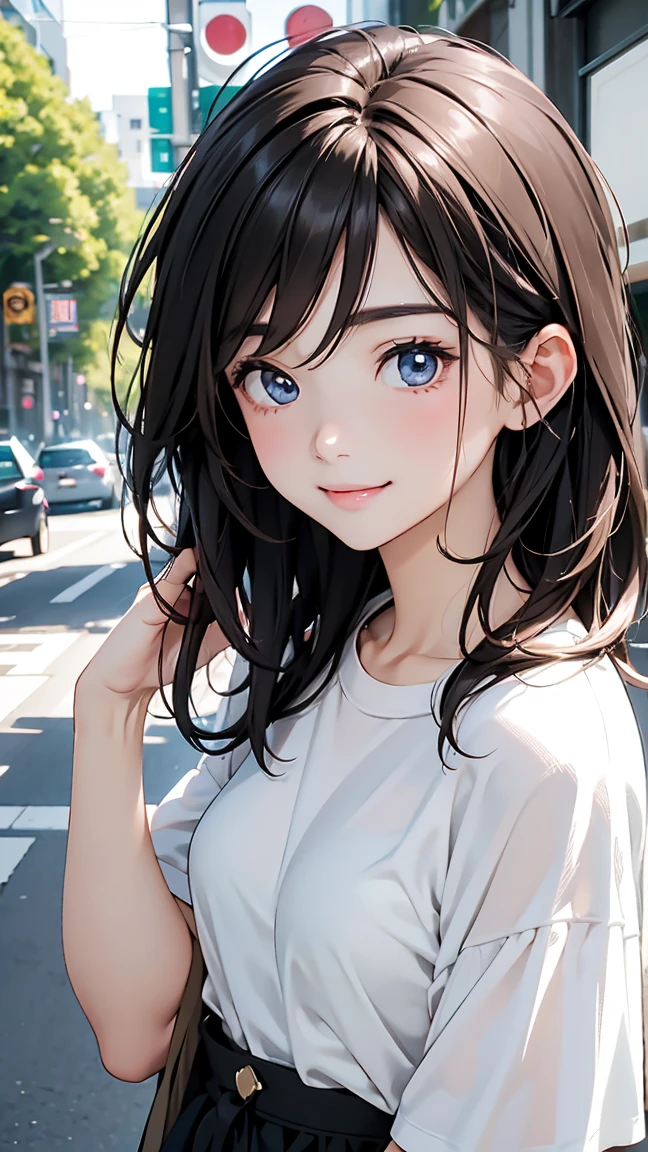 pieces fly、highest quality、figure、small details、High resolution、8K Wallpaper、Perfect dynamic composition、detailed and beautiful eyes, casual wear t - shirt & sort 、medium hair、small breasts、Natural color lip、bold sexy pose、shy smile、harajuku style、20 year old anime girl、cute type、Sexy shot looking at camera、
