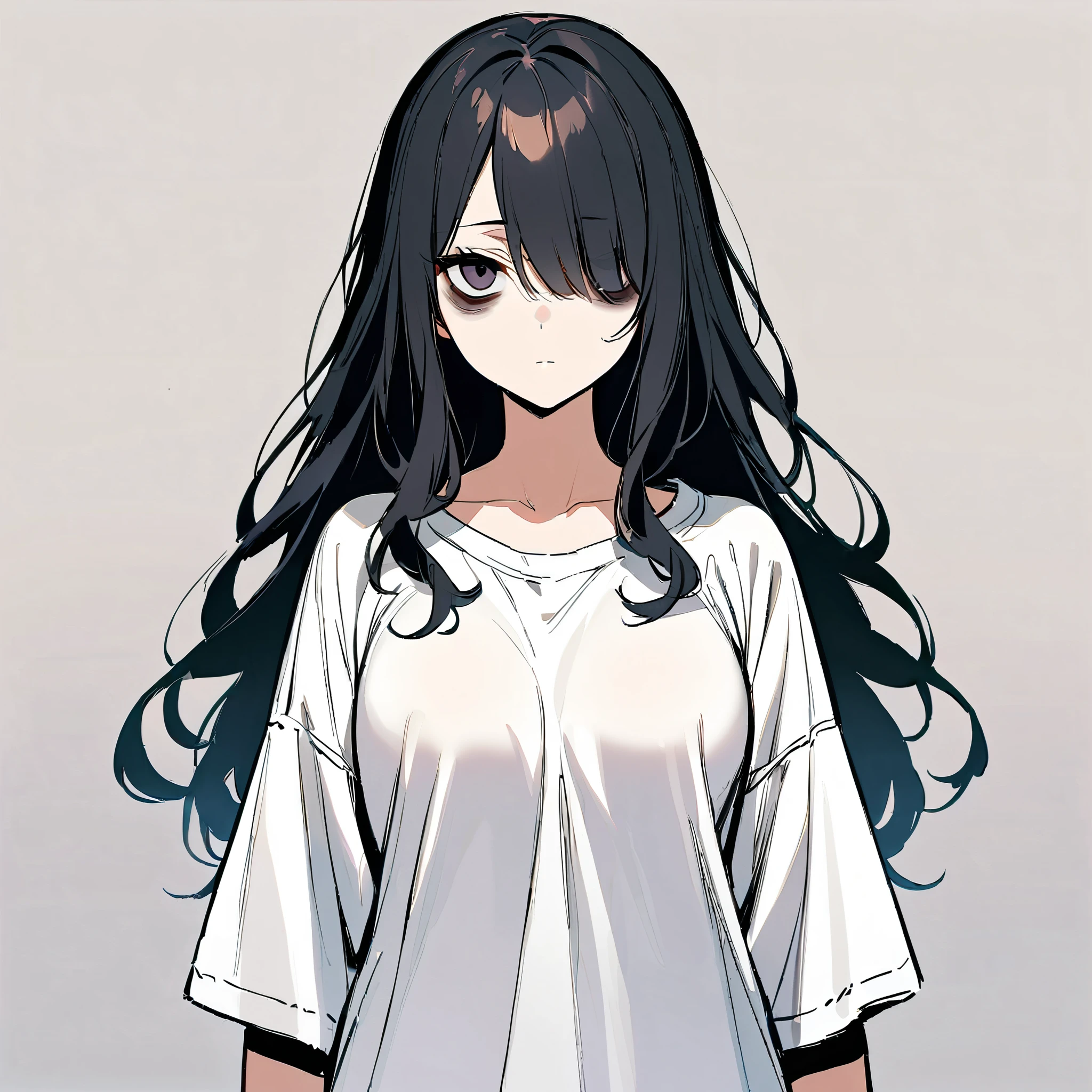 1girl, long messy wavy black hair, hair over one eye, black eyes, ((Bags under eyes)), medium breast, wide hips, white long sleeve oversized T-shirt, expressionless, ((standing)), ((solo)), looking towards the viewer, from the front, simple background