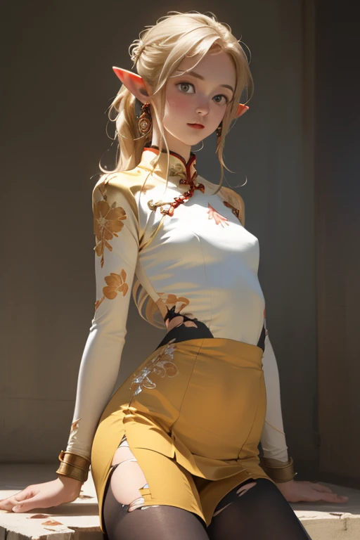 (masterpiece, best quality) detailed, Wearing black tights, silver accessories , bionde ,elegant, pointed ears ,Chinese element pattern,thigh,Leaking thigh,White long skirt,torn clothes,Alphonse Mucha's,,(best quality), official art,Extremely detailedCg unified 8K wallpaper,,small loli,(highesality:1.3),movie shot,masterpiece,(sharp focus:1.5),But in chiaroscuro it shapes the body,12-year-old Japanese girl,Small stature,a high resolution,(White transparent jumpsuit)(camel toe)