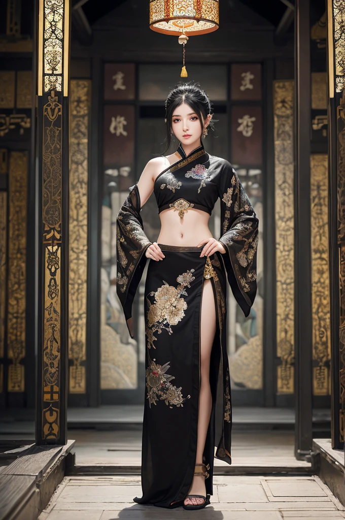 A white-eyed, black-haired mechanical woman in a temple with gray stained glass, set in an oriental landscape. The scene is mystical, showing her full body with intricate fashion design and delicate decorations.