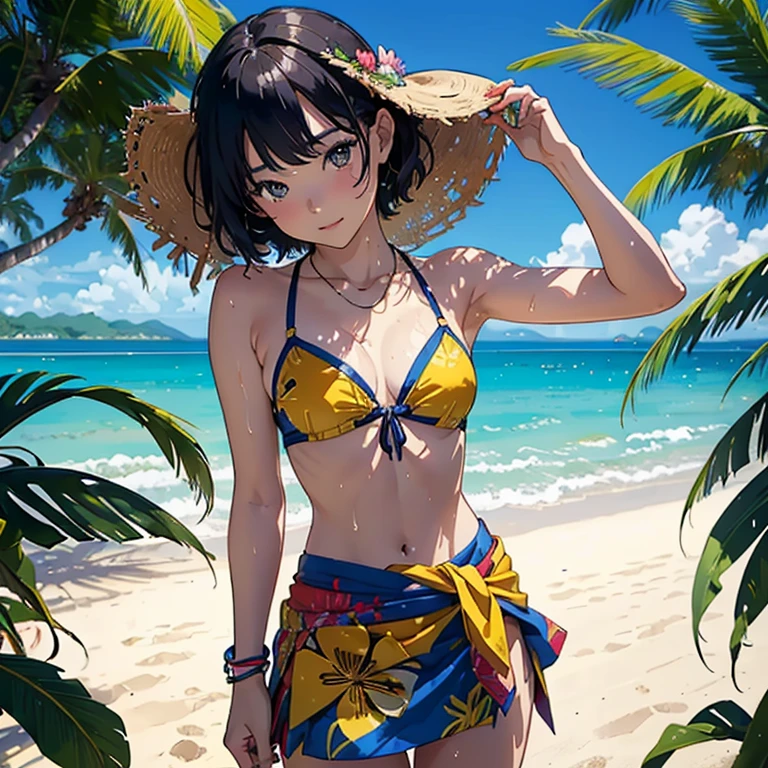 ((Highest quality, masterpiece, High resolution))、((Anime Art))、Beautiful Japanese Women、((2 people))、(2 peopleの美しい女性)、(2 peopleはなかよし)、19 years old、Cute Face、Medium Short Hair、 ((Detailed depiction of a beautiful face))、Smiling Kindly、young、Bikini Swimwear、 Small 、Slim figure、Photorealistic perfect body、(A pareo skirt with a bold ethnic pattern and plenty of primary colors on the waist...)、Realistic Skin、Wet、whole body、Cinematic Light、tropical、Against the background of palm trees、On the sunny beach、With the sea in the background、Blur the background、