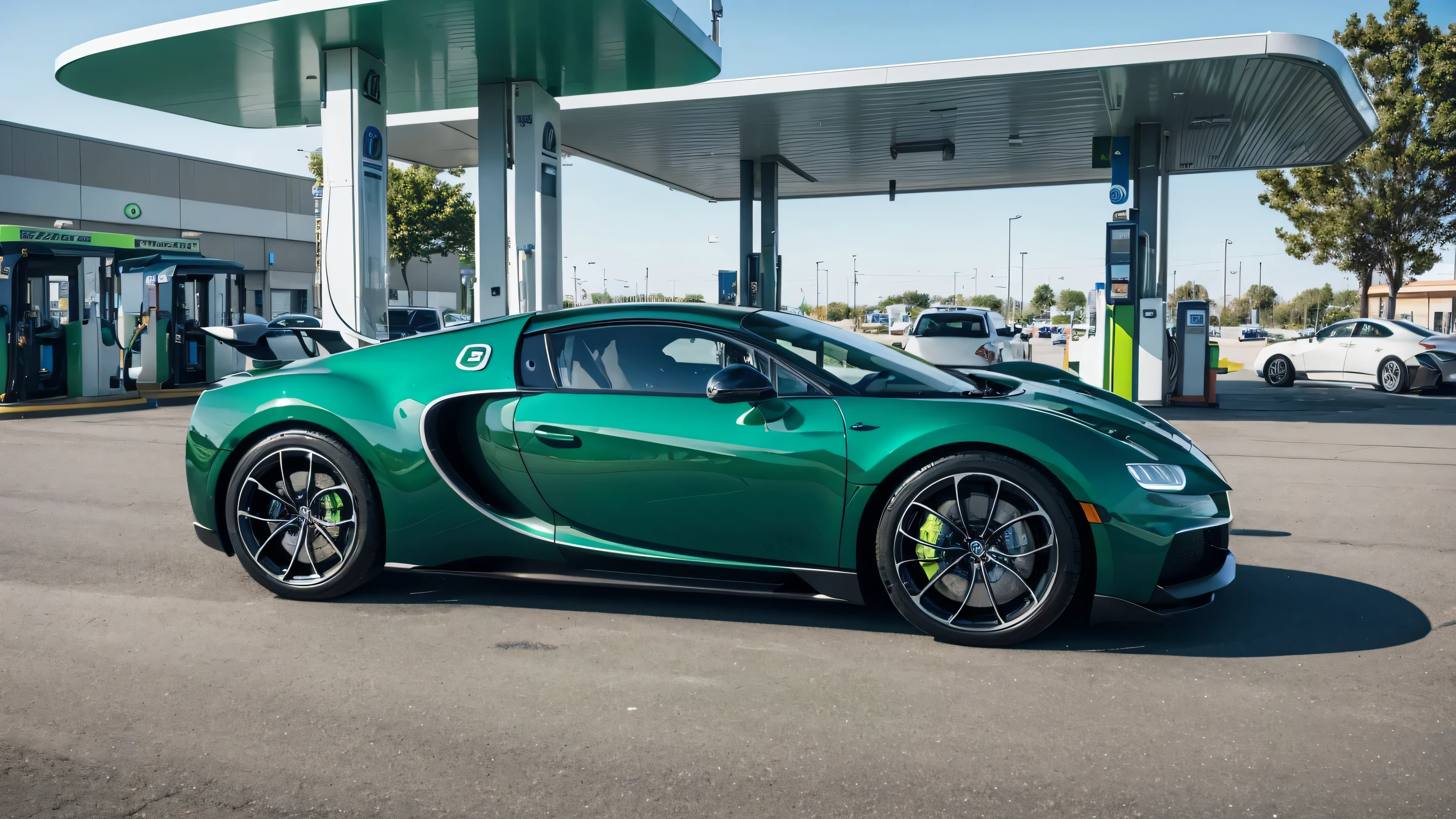 A photo of a green color Bugatti car refilling fuel at a modern petrol station.side view,hyper-realistic. Close view