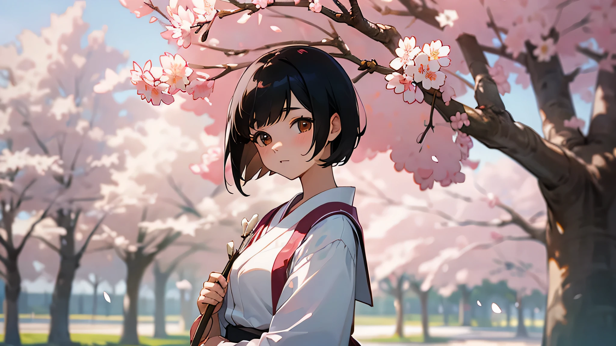 a white girl with short black hair, brown eyes, and in a japanese school uniform in front of a cherry blossom tree.