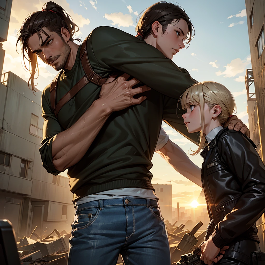 A 30-year-old man, tall and athletic, with short dark brown hair and gray eyes, wears a worn dark leather jacket, a gray shirt, and tactical pants. He stands protectively with an arm around a **************** of slender build, with long blonde hair tied in a ponytail and large blue eyes, wearing a simple outfit of a light jacket and worn jeans. The man looks protective and determined, while the girl leans into him, showing trust and gratitude. Set in a post-apocalyptic environment with ruined buildings and small plants growing among the debris. The sky is cloudy, with sun rays breaking through, softly illuminating the scene. The atmosphere conveys protection and care, with a backpack on the ground suggesting their shared struggle. Realistic art style, with warm, earthy colors emphasizing the emotional connection. Soft, warm lighting highlights the intimate moment, with shadows adding depth to the bond between them.