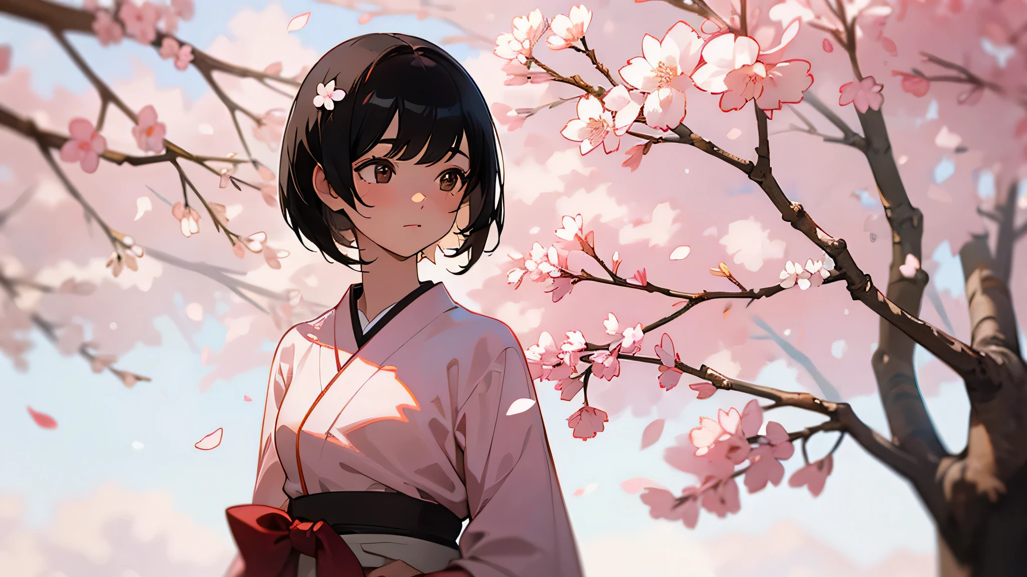 a white girl with short black hair, brown eyes, and in a japanese school uniform in front of a cherry blossom tree.