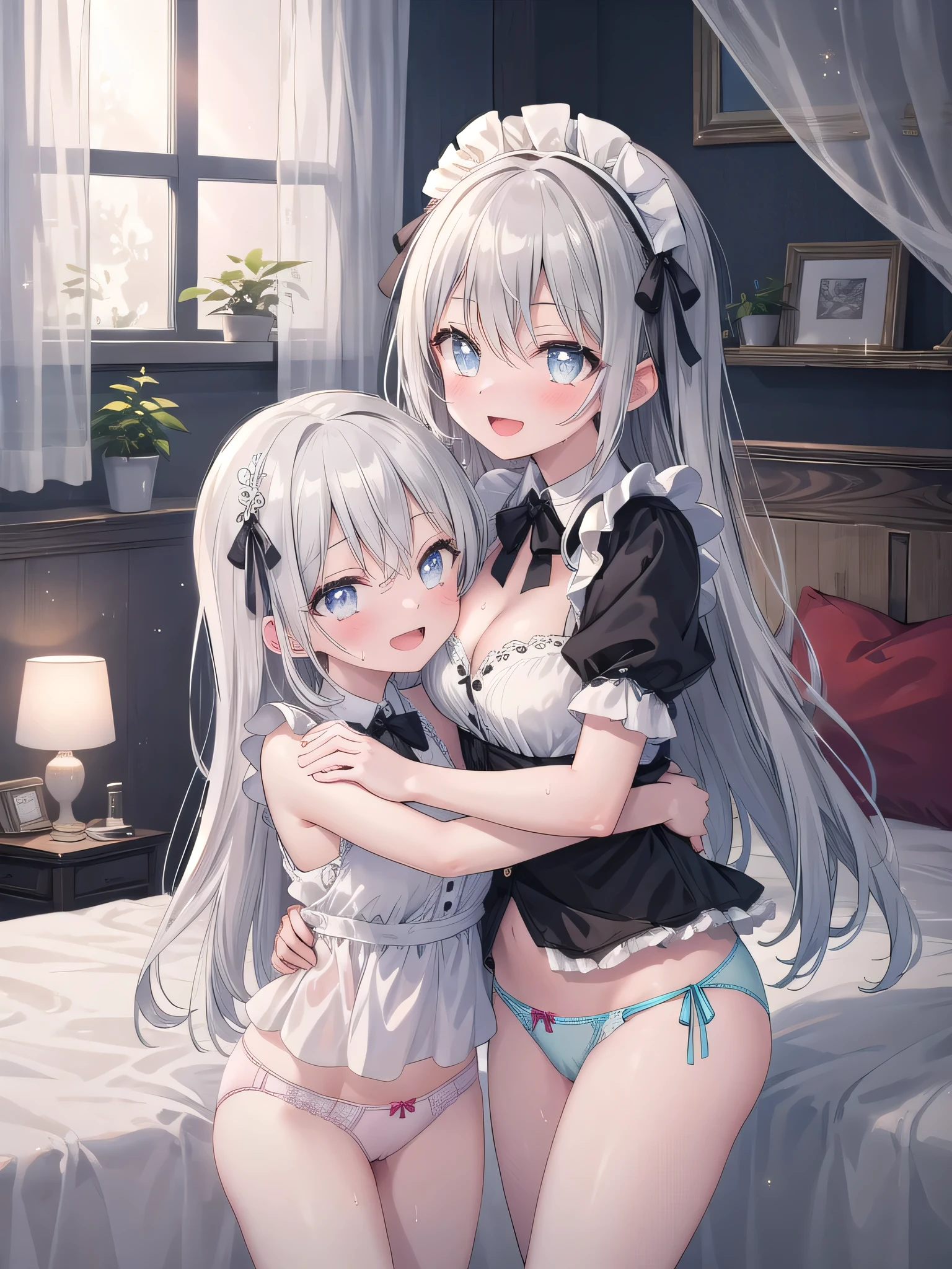 (8K, Highest Quality, Masterpiece:1.3)), Ultra HD, (2 girls, Duo), (Color changing eyes, Ultra detailed, Expressive glow, Sparkling eyes), Very detailed eyes, Very detailed face, Random hair, (Silver grey color), Exposed, 2 girls side by side, Maid outfit, (Cute panties:1.3), (Ecstatic expression:1.6), White skin, Seductive, Cleavage, Wet panties, Bedroom, Touching each other's pussies