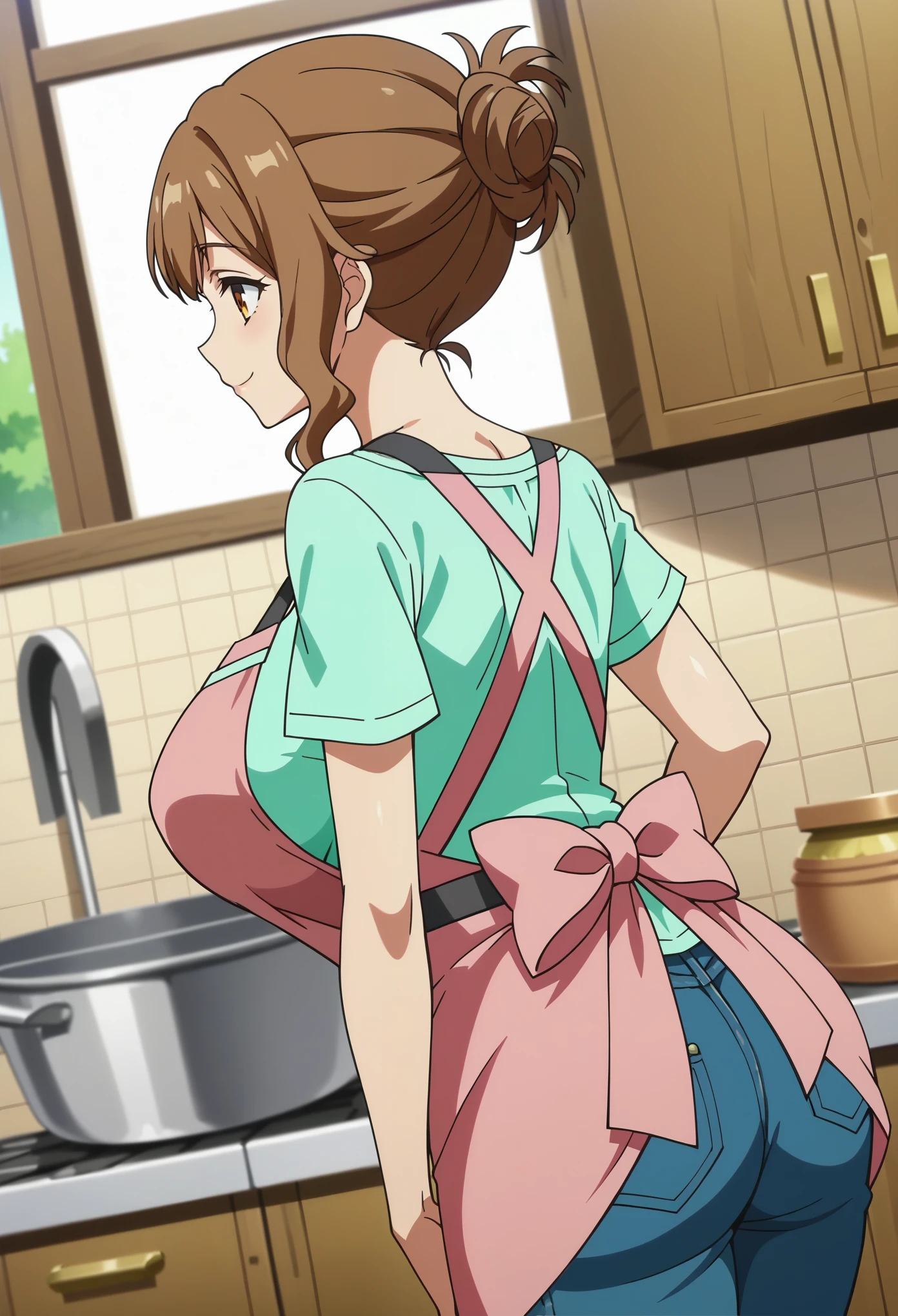 score_9, score_8_up, score_7_up, source_anime, (anime coloring, anime screencap, megami magazine:1.2), BREAK 1girl, kazami torino, huge breasts,wide hip,thick thighs,curvy,mature female, brown hair,updo,tareme, light green shirt,pink apron,blue jeans, seductive smile, closed mouth, cowboy shot, indoors, kitchen, dutch angle, looking away, from side, profile